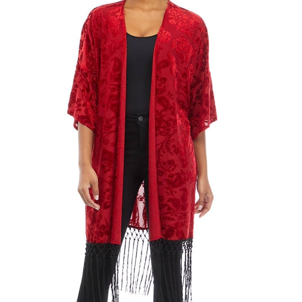 Red Velvet Kimono with Fringe